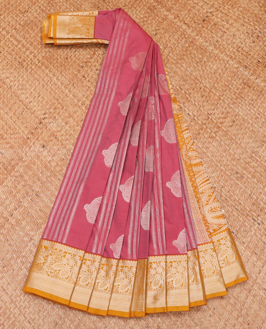 Pink striped and paisley buttas budget silk saree, contrast traditional zari design border, and pallu steeped with paisleys - Image 2