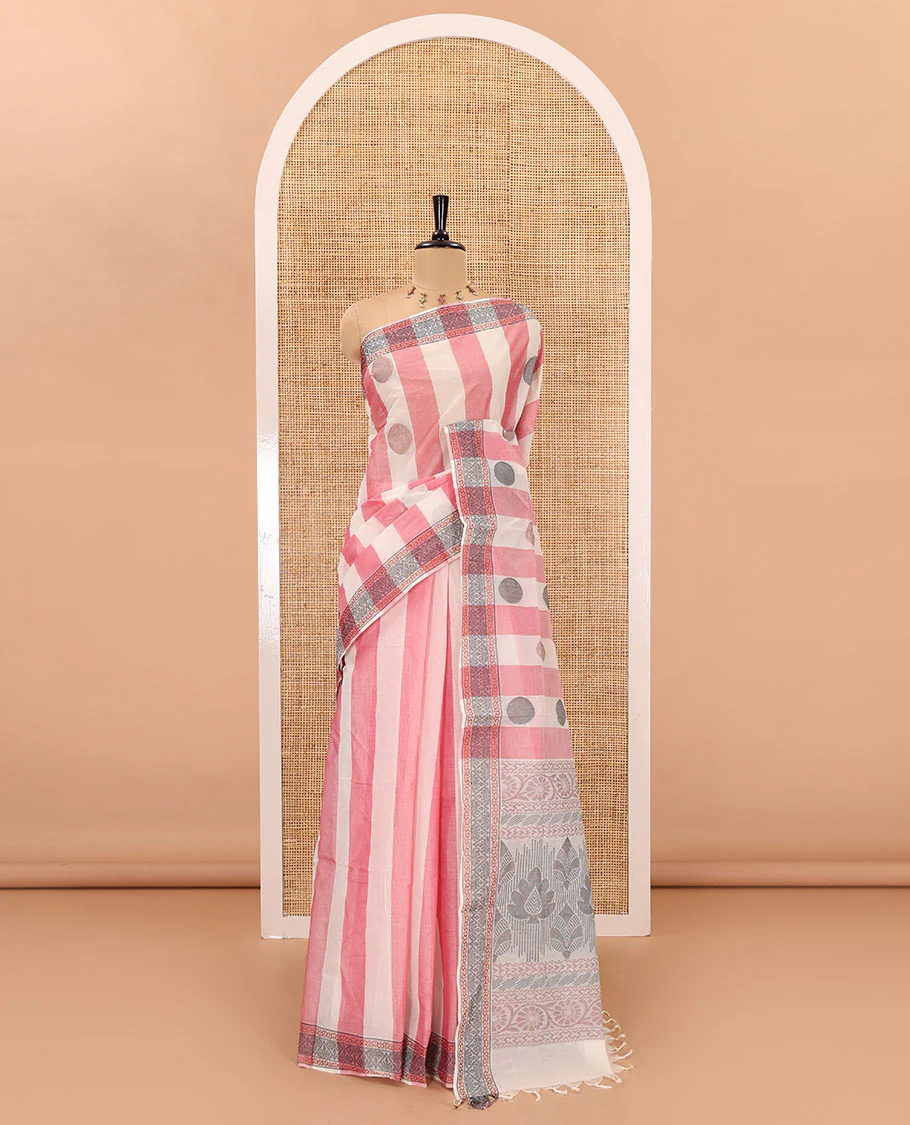Pink striped and polka thread dotted woven nagama cotton saree , traditional thread border, pallu of floral and leaf design, and plain blouse - Image 2