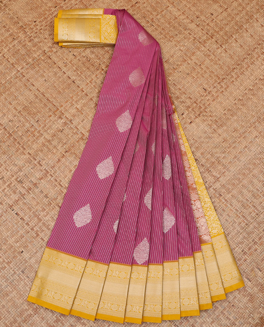 Pink striped and zari motifs budget silk saree, contrast traditional zari design border, and zari-rich jaal pallu - Image 2