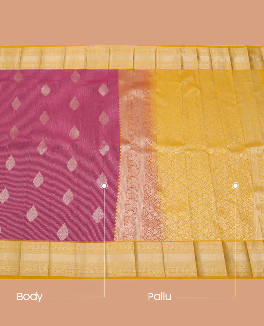 Pink striped and zari motifs budget silk saree, contrast traditional zari design border, and zari-rich jaal pallu - Image 3