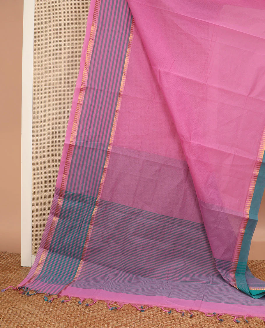 Pink striped chirala cotton saree, temple border of stripes, striped pallu, and contrast floral vine and bird printed blouse - Image 2