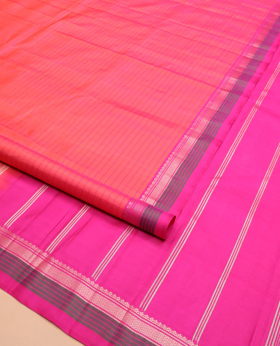 Pink striped Kanchipuram silk saree, contrast border of salngai, banaras, and kuyil kann designs, and zari striped pallu - Image 2