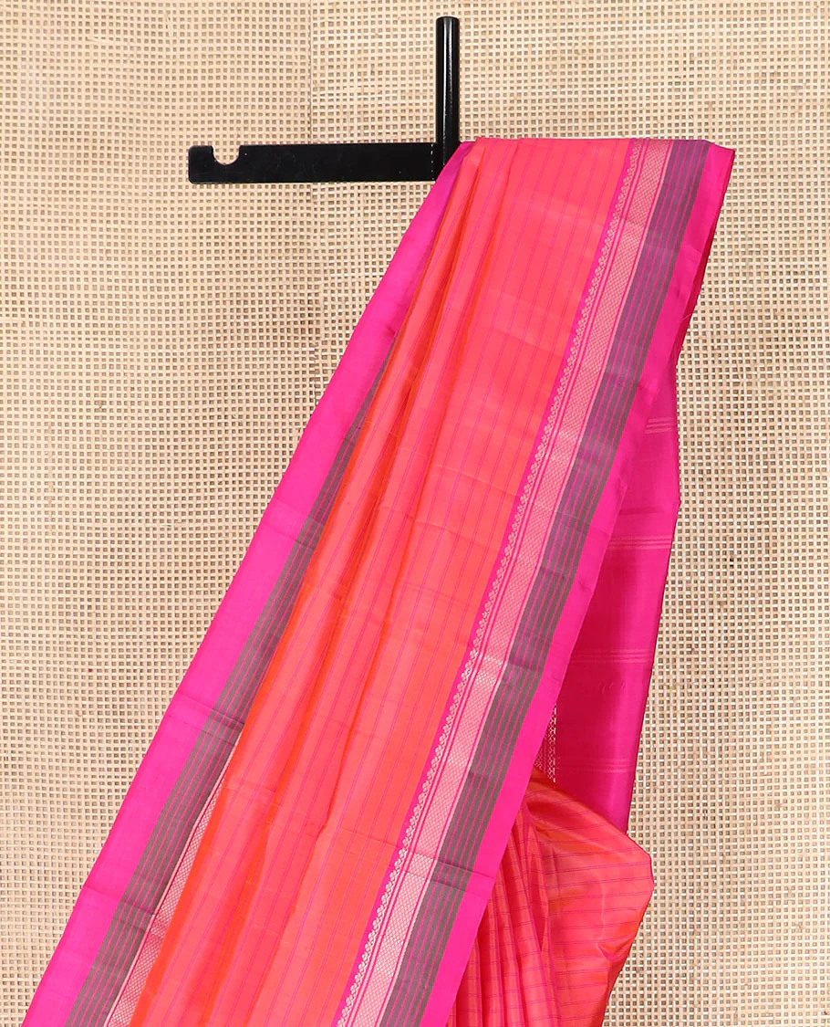 Pink striped Kanchipuram silk saree, contrast border of salngai, banaras, and kuyil kann designs, and zari striped pallu - Image 3