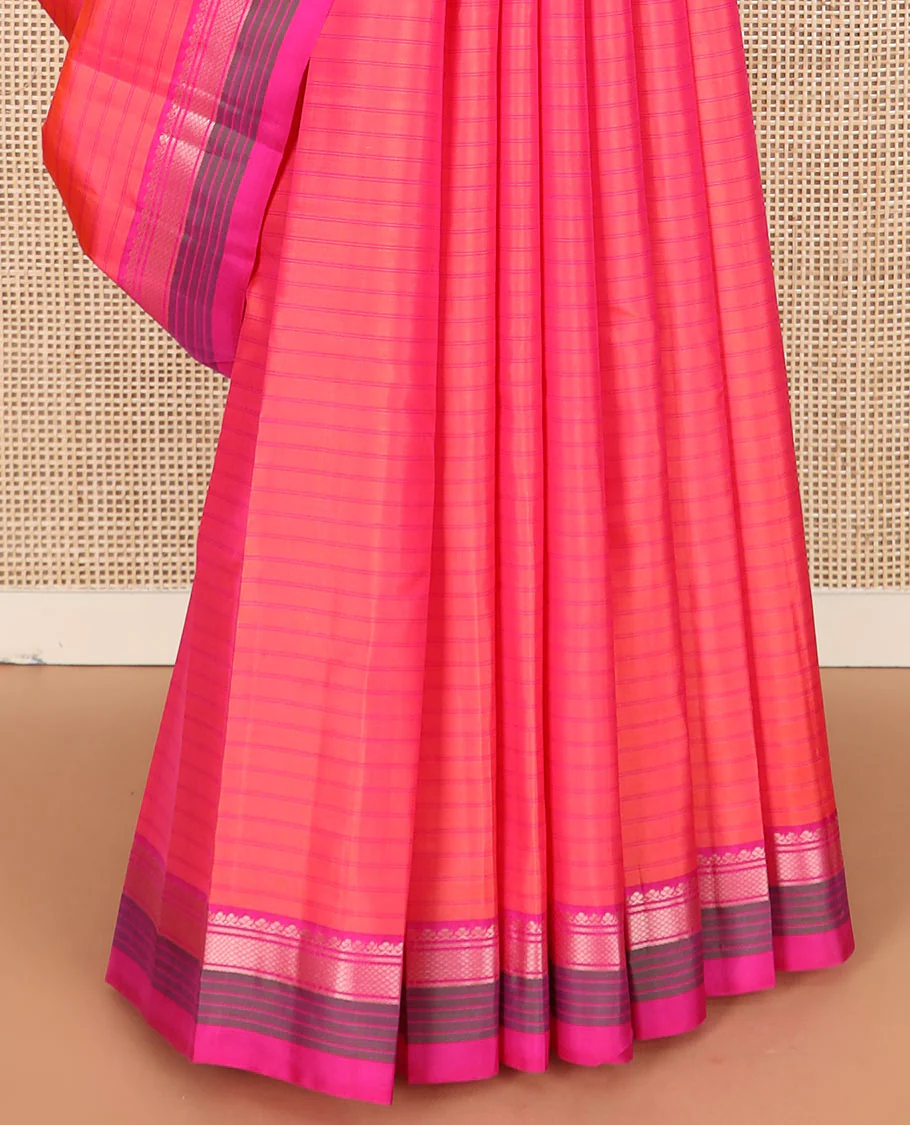 Pink striped Kanchipuram silk saree, contrast border of salngai, banaras, and kuyil kann designs, and zari striped pallu - Image 4