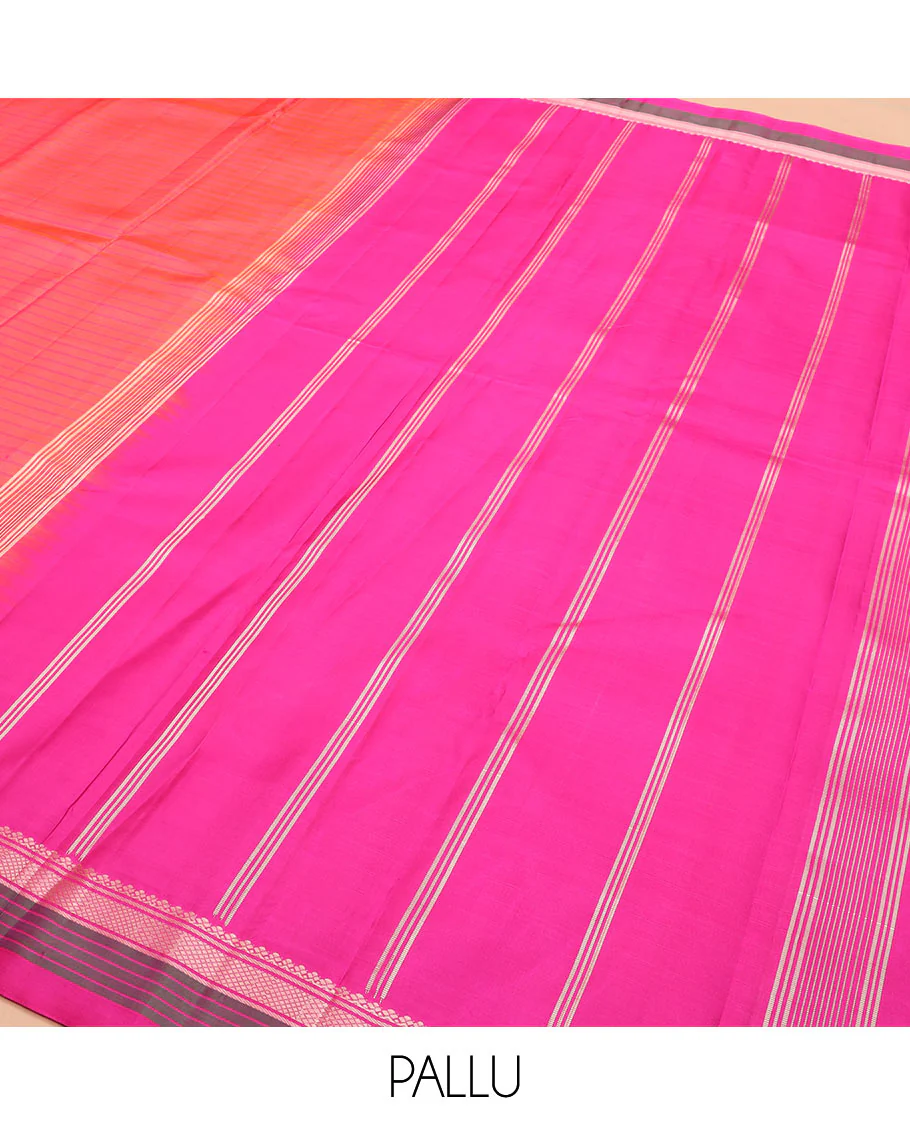 Pink striped Kanchipuram silk saree, contrast border of salngai, banaras, and kuyil kann designs, and zari striped pallu - Image 5