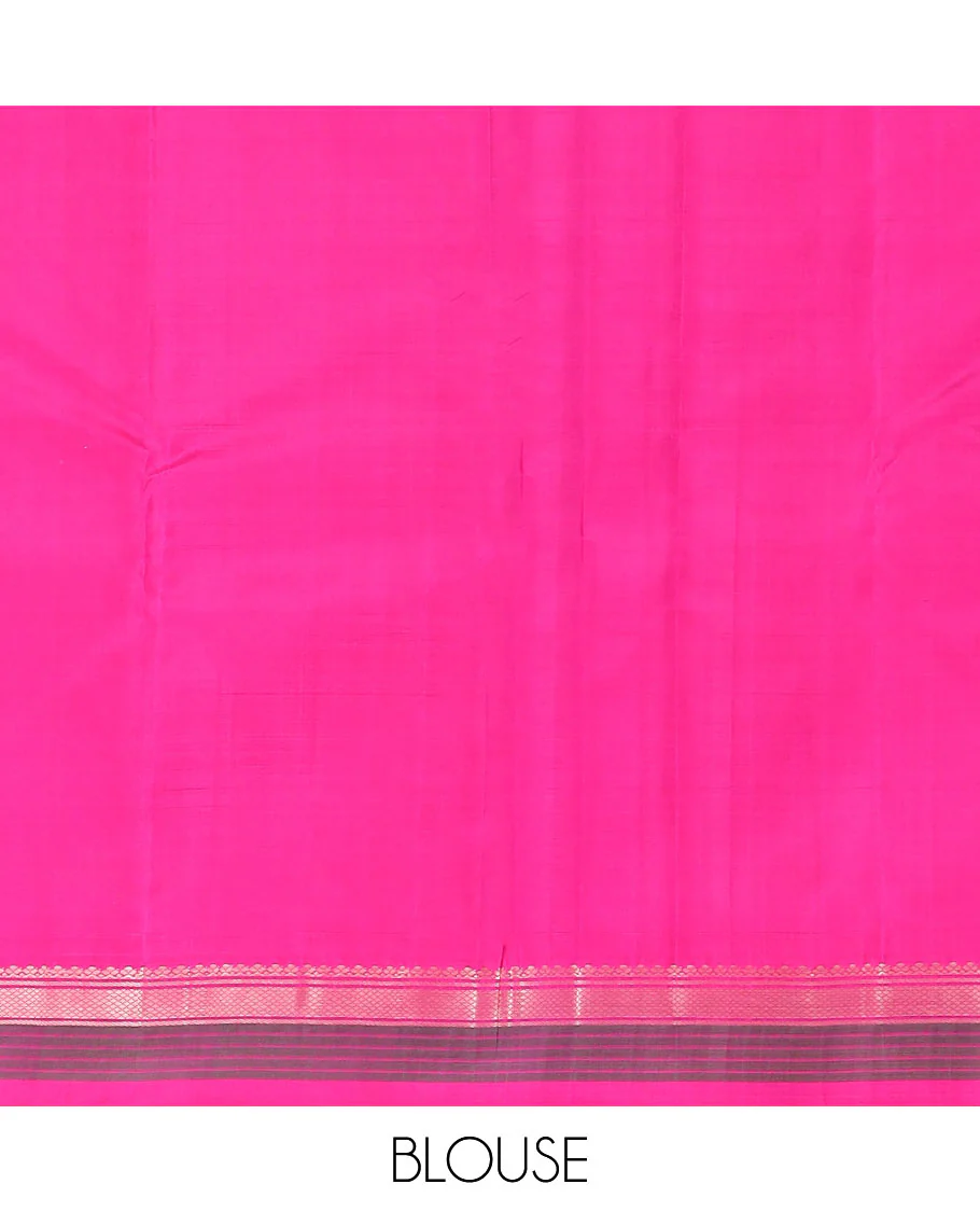 Pink striped Kanchipuram silk saree, contrast border of salngai, banaras, and kuyil kann designs, and zari striped pallu - Image 6