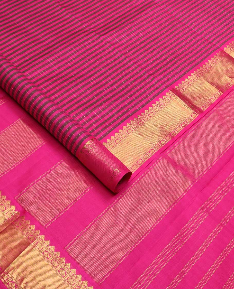 Pink striped Kanchipuram silk saree, zari border of traditional designs, and pallu of zari designs - Image 2