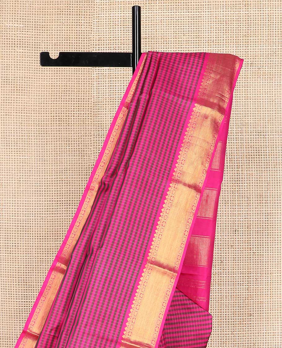 Pink striped Kanchipuram silk saree, zari border of traditional designs, and pallu of zari designs - Image 4