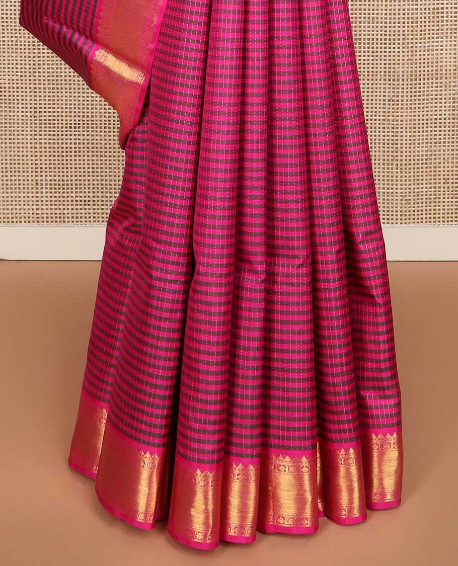 Pink striped Kanchipuram silk saree, zari border of traditional designs, and pallu of zari designs - Image 5