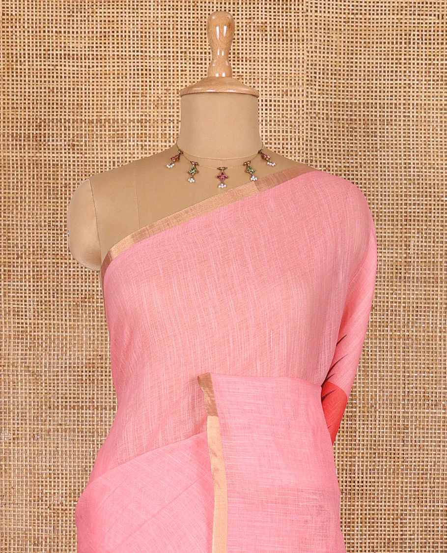 Pink sun and deer silhouette printed linen cotton saree, gold zari piping border, printed pallu, and a matching stripes printed blouse - Image 3