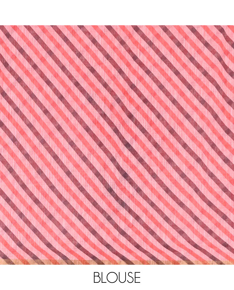 Pink sun and deer silhouette printed linen cotton saree, gold zari piping border, printed pallu, and a matching stripes printed blouse - Image 4