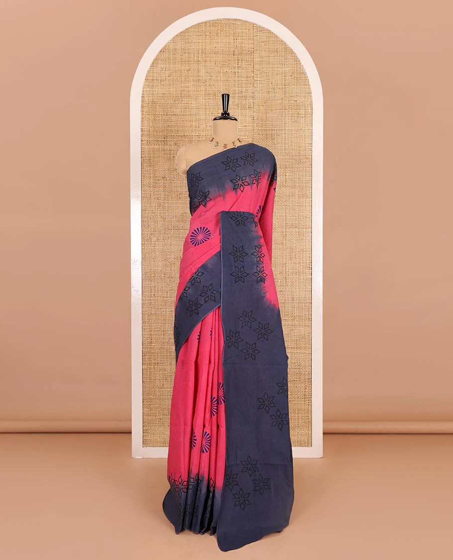 Pink sunbrust motifs block printed mul cotton saree, contrast floral motifs block printed border, block printed pallu, and contrast plain blouse - Image 2