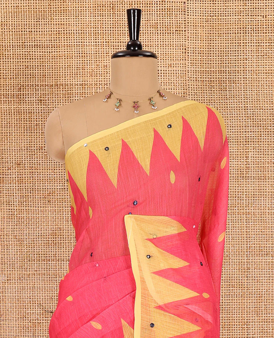 Pink thilakam buttas and mirror work khadi mul cotton saree, contrast temple border, striped and buttas pallu, and a contrast printed blouse - Image 3