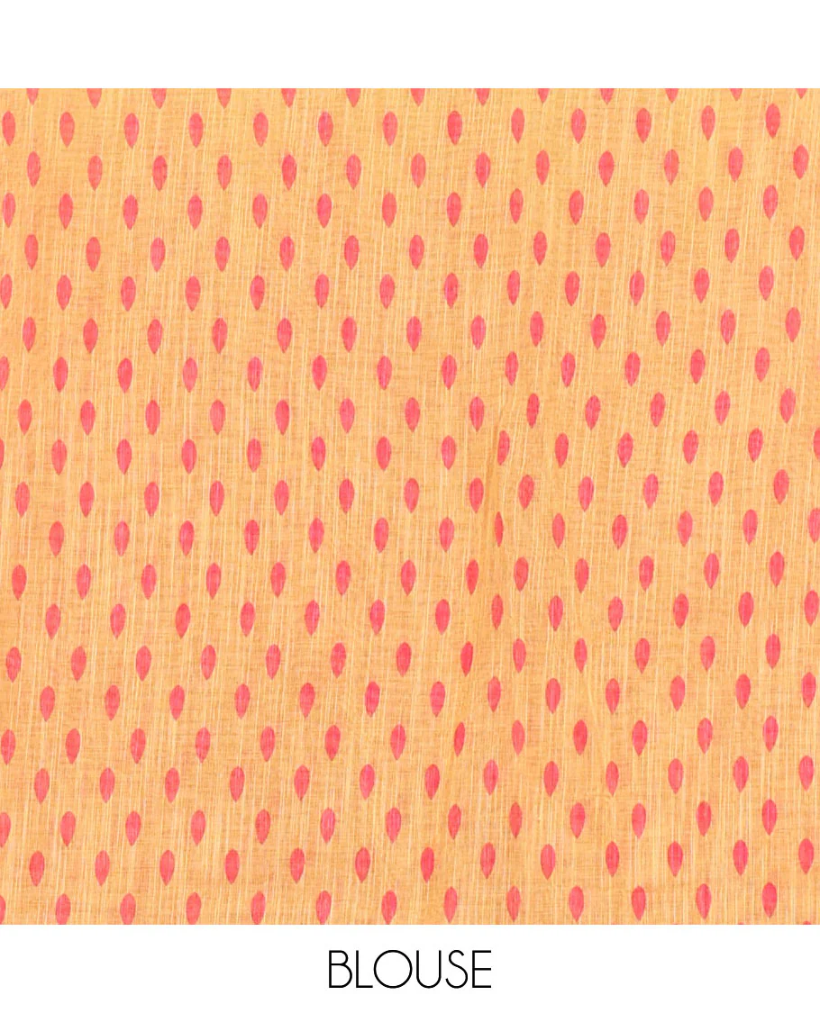 Pink thilakam buttas and mirror work khadi mul cotton saree, contrast temple border, striped and buttas pallu, and a contrast printed blouse - Image 4