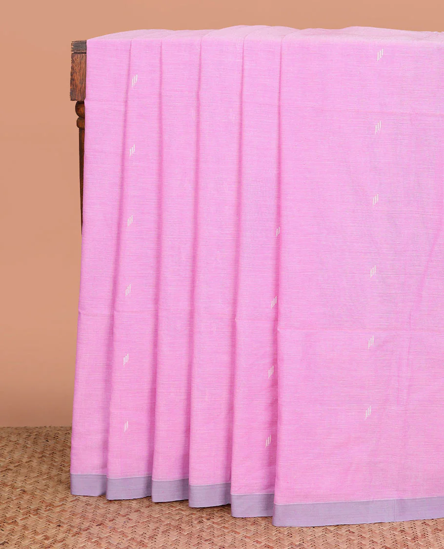 Pink thread buttas Khadi cotton saree, contrast plain border, and pallu of geometric buttas
