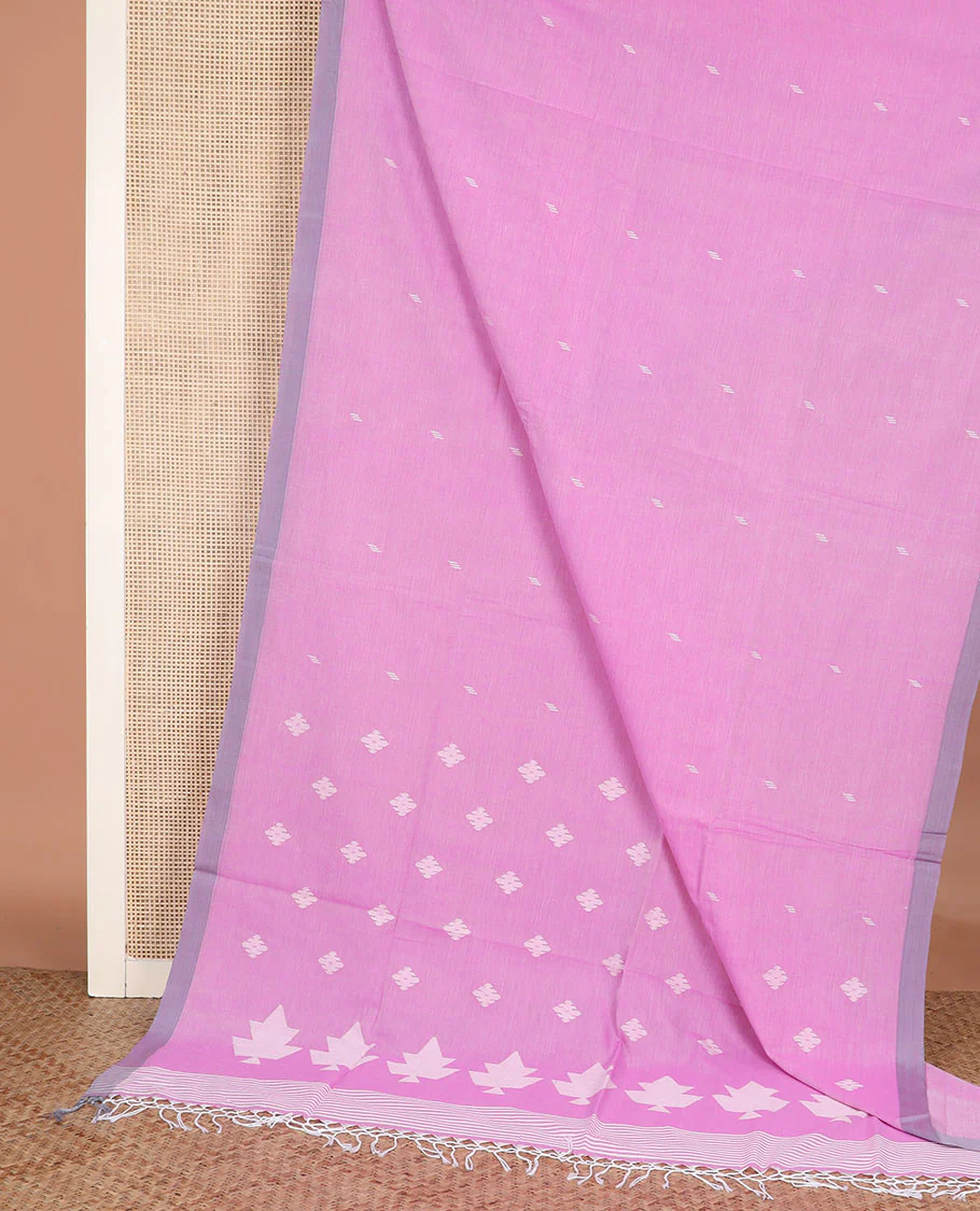 Pink thread buttas Khadi cotton saree, contrast plain border, and pallu of geometric buttas - Image 2