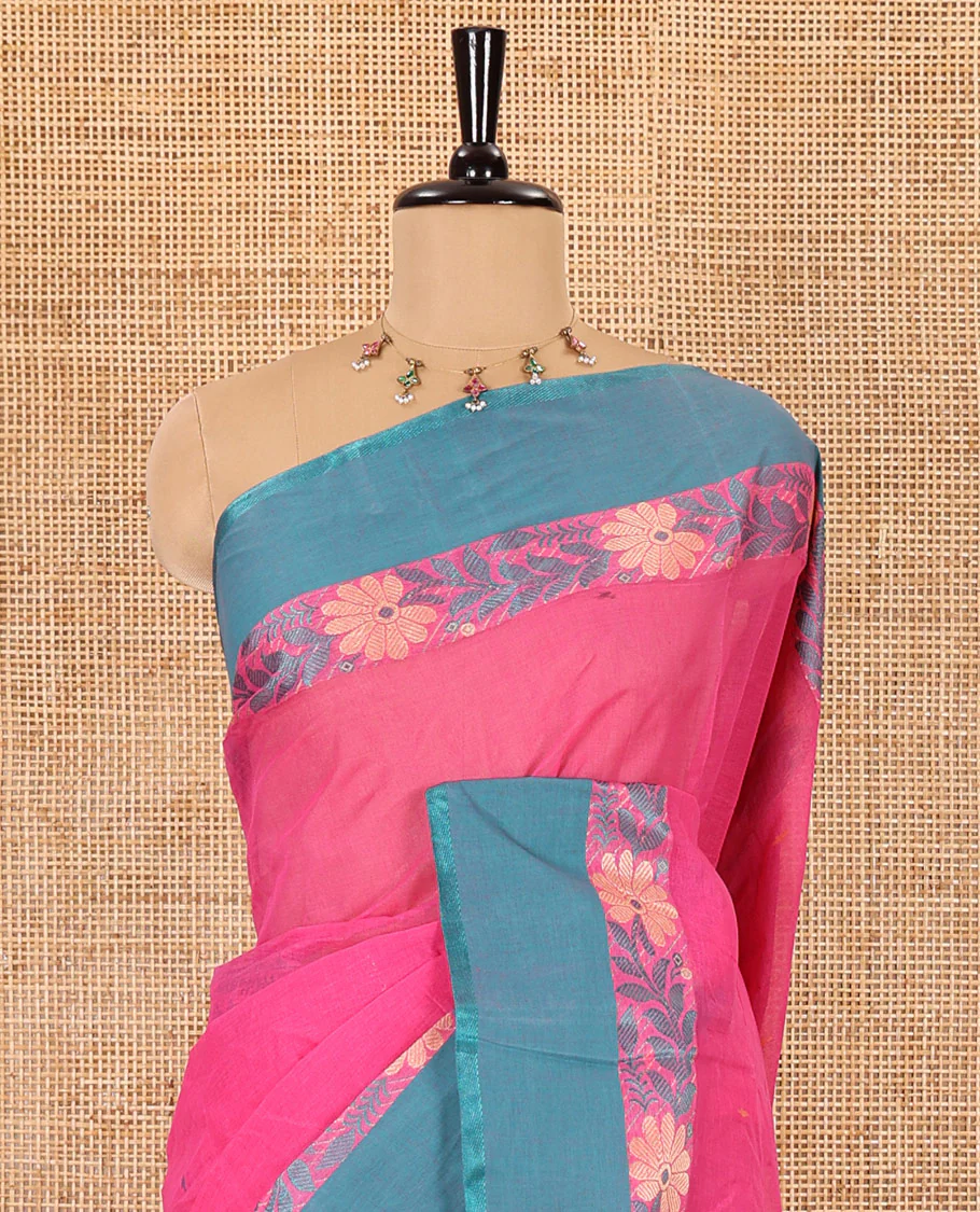 Pink thread buttas woven Bengal cotton saree, contrast floral creeper border, and striped pallu - Image 3