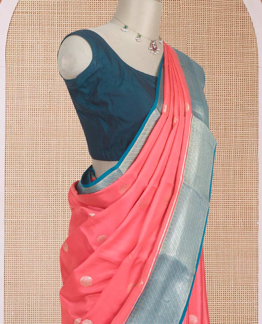 Pink tree zari buttas Mysore silk saree, contrast blue traditional zari motifs woven border, and jaal pallu - Image 3