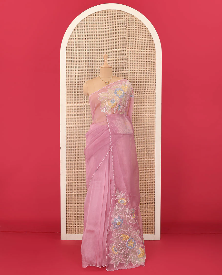Pink tropical floral motifs thread embroidered organza saree, scallop border, and floral embroidered pallu - Image 2