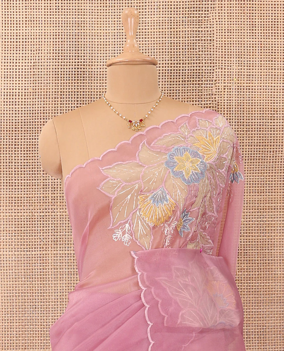 Pink tropical floral motifs thread embroidered organza saree, scallop border, and floral embroidered pallu - Image 3
