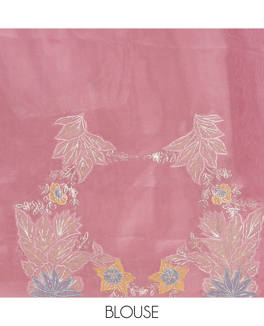 Pink tropical floral motifs thread embroidered organza saree, scallop border, and floral embroidered pallu - Image 4