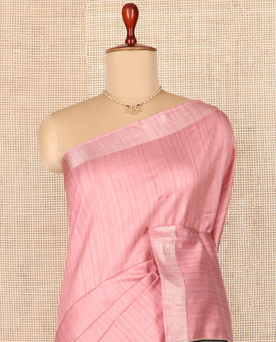 Pink tussar silk saree, bavanji border, and contrast pallu features flora-fauna Madhubani print - Image 3