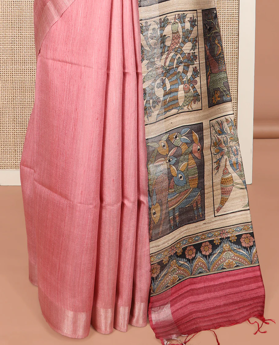 Pink tussar silk saree, bavanji border, and contrast pallu features flora-fauna Madhubani print - Image 4