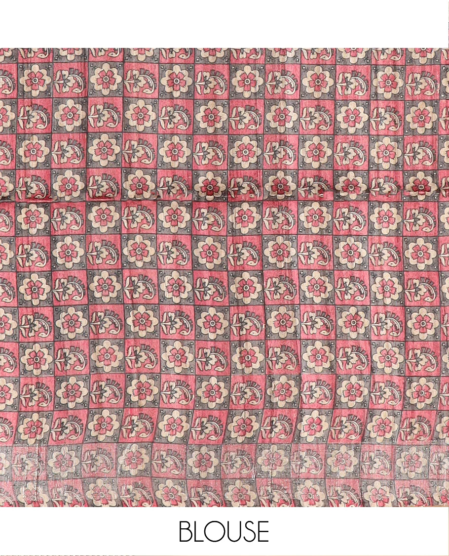 Pink tussar silk saree, bavanji border, and contrast pallu features flora-fauna Madhubani print - Image 5