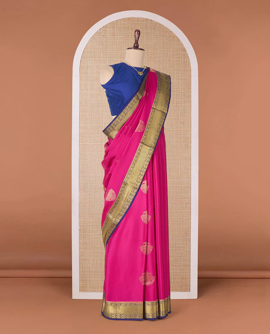 Pink two-headed eagle motifs zari woven Mysore silk saree, contrast traditional zari border, and pallu of thick zari designs