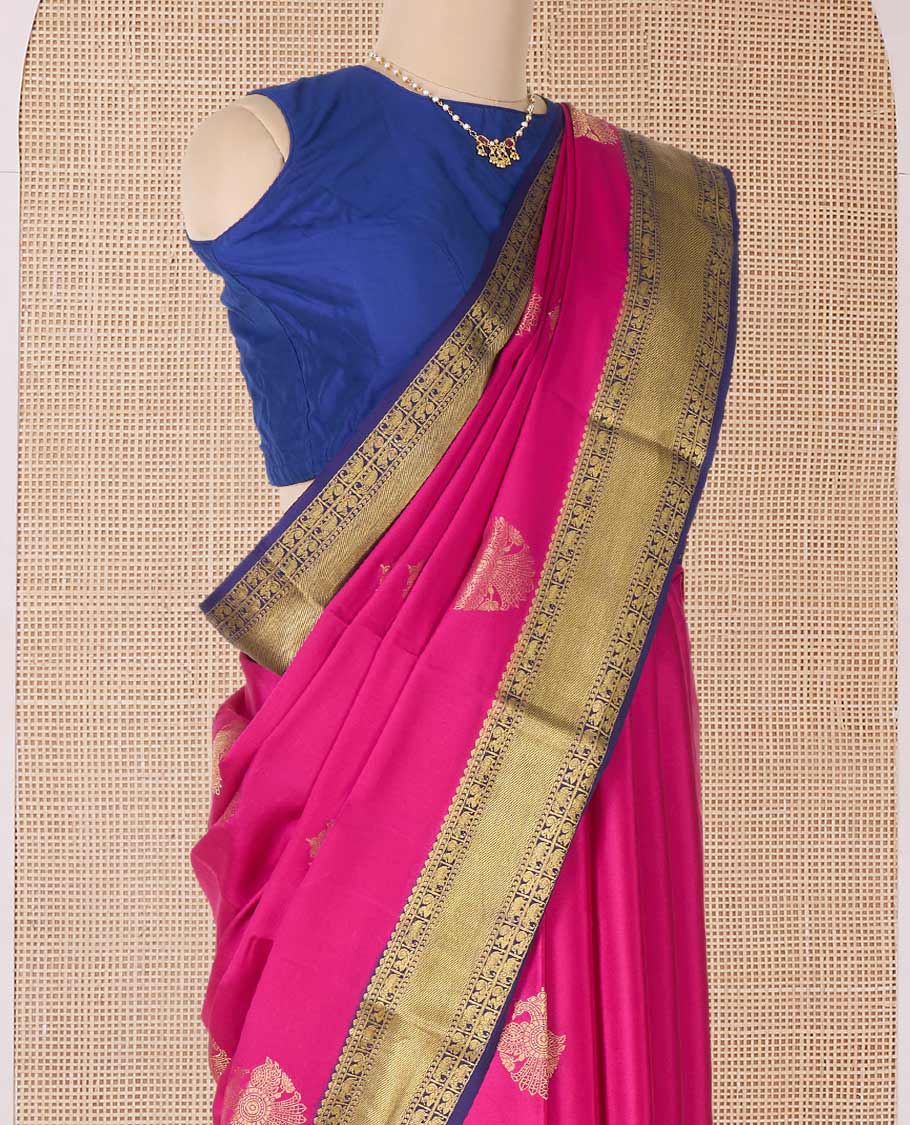 Pink two-headed eagle motifs zari woven Mysore silk saree, contrast traditional zari border, and pallu of thick zari designs - Image 3