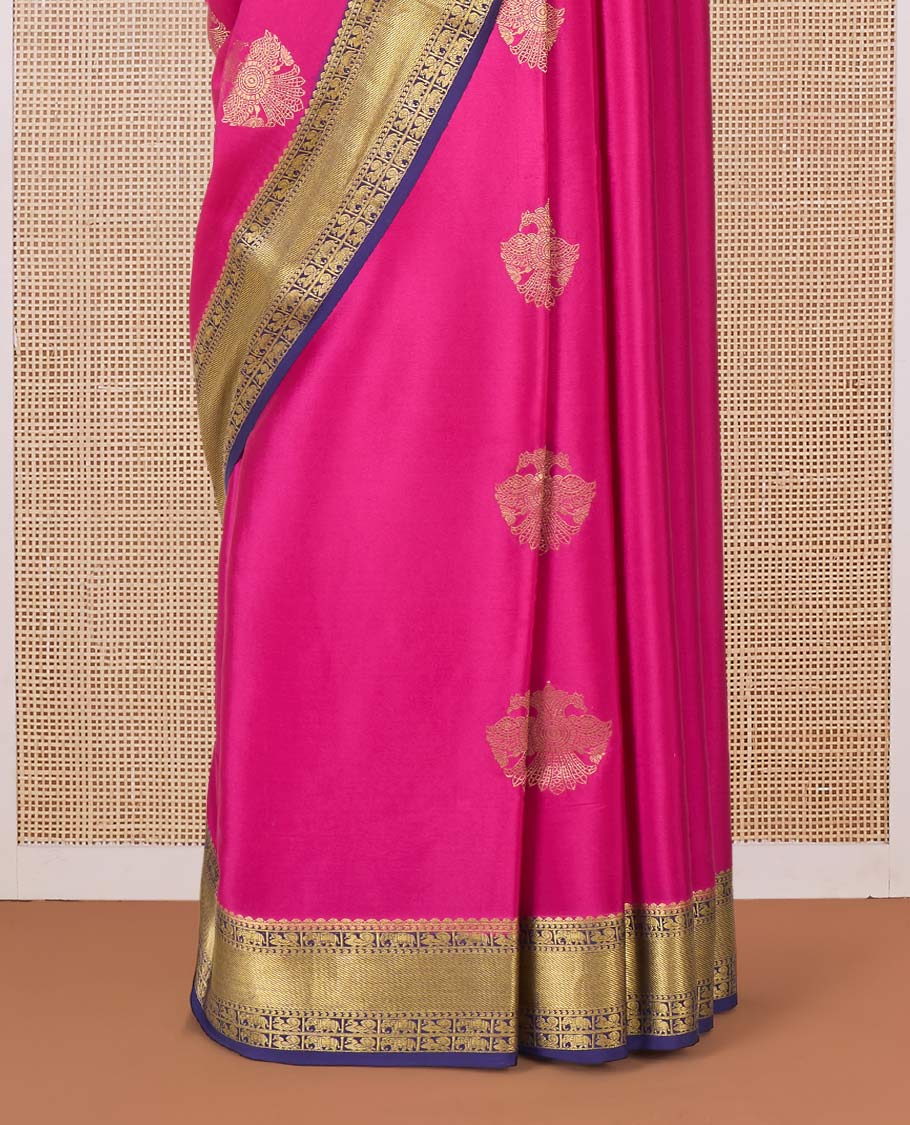 Pink two-headed eagle motifs zari woven Mysore silk saree, contrast traditional zari border, and pallu of thick zari designs - Image 4