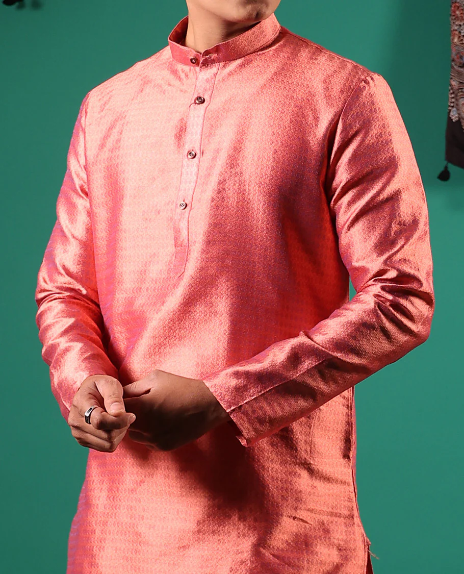 Pink unique patterns embossed full-sleeved men's kurta set - Image 4