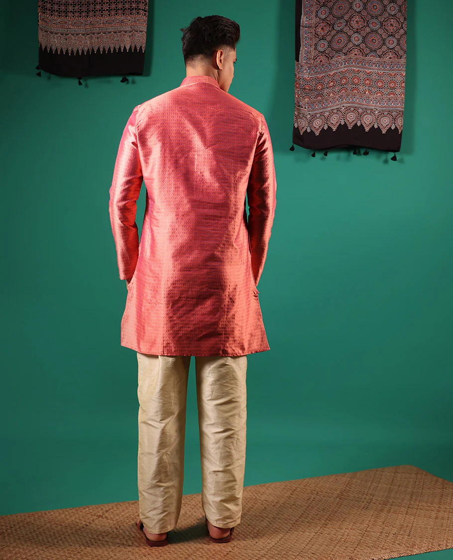 Pink unique patterns embossed full-sleeved men's kurta set - Image 5