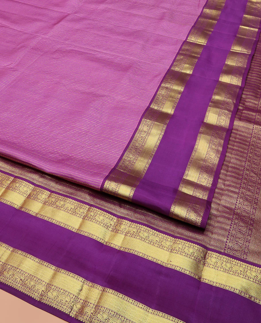 Pink Vasundhara Silk Saree Accentuated with Zari Stripes, Complemented by a Contrast Border of Salangai, Rudraksham, Star, Kodi Mayil, Yaanai, and Mayil Kann Designs, Pallu Decked Up with Traditional Designs, and Paired with a Contrast Blouse - Image 2