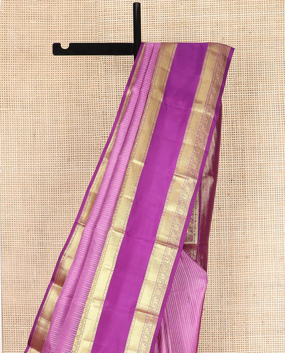 Pink Vasundhara Silk Saree Accentuated with Zari Stripes, Complemented by a Contrast Border of Salangai, Rudraksham, Star, Kodi Mayil, Yaanai, and Mayil Kann Designs, Pallu Decked Up with Traditional Designs, and Paired with a Contrast Blouse - Image 3