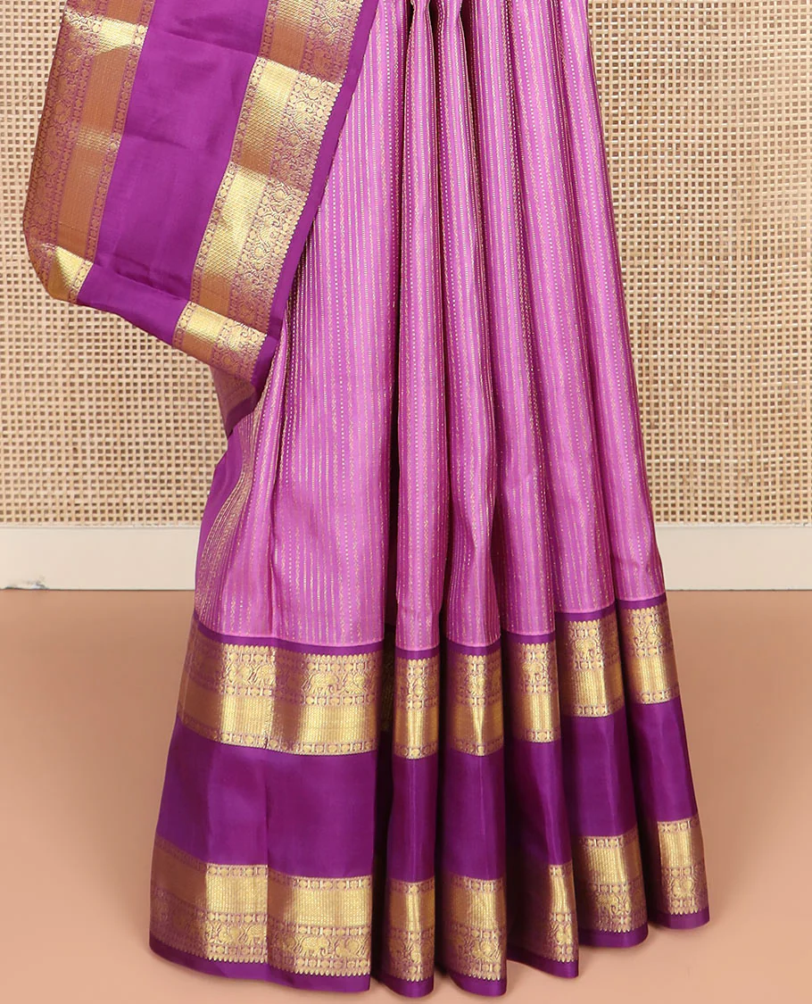 Pink Vasundhara Silk Saree Accentuated with Zari Stripes, Complemented by a Contrast Border of Salangai, Rudraksham, Star, Kodi Mayil, Yaanai, and Mayil Kann Designs, Pallu Decked Up with Traditional Designs, and Paired with a Contrast Blouse - Image 4