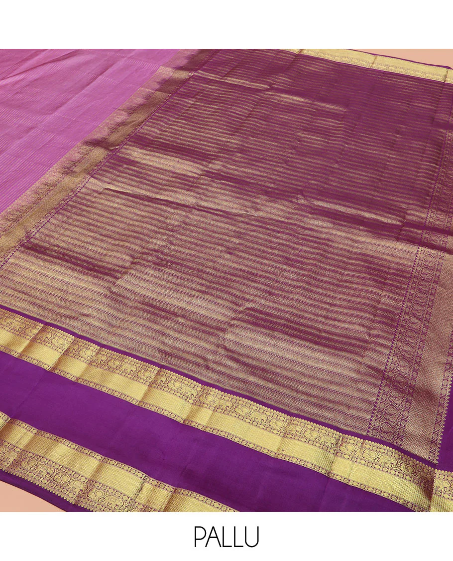 Pink Vasundhara Silk Saree Accentuated with Zari Stripes, Complemented by a Contrast Border of Salangai, Rudraksham, Star, Kodi Mayil, Yaanai, and Mayil Kann Designs, Pallu Decked Up with Traditional Designs, and Paired with a Contrast Blouse - Image 5