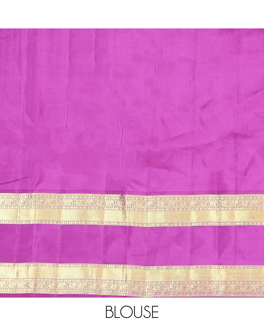 Pink Vasundhara Silk Saree Accentuated with Zari Stripes, Complemented by a Contrast Border of Salangai, Rudraksham, Star, Kodi Mayil, Yaanai, and Mayil Kann Designs, Pallu Decked Up with Traditional Designs, and Paired with a Contrast Blouse - Image 6