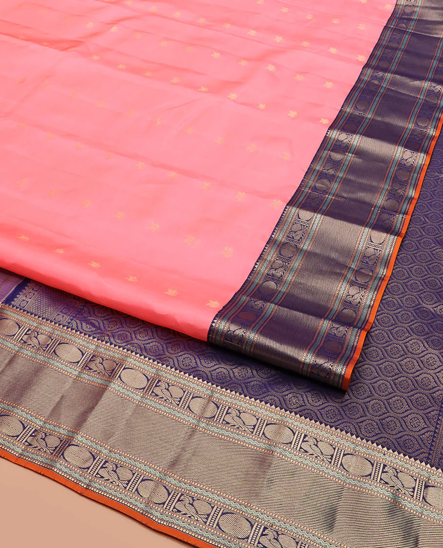 Pink Vasundhara Silk Saree Bedecked with Zari Buttas, Highlighted with a Contrast Border of Rekku, Muthu, Neli, and Mayil Poun Designs, Zari Gleamed Up Pallu of Ogee Patterns, and Paired with a Contrast Blouse - Image 2