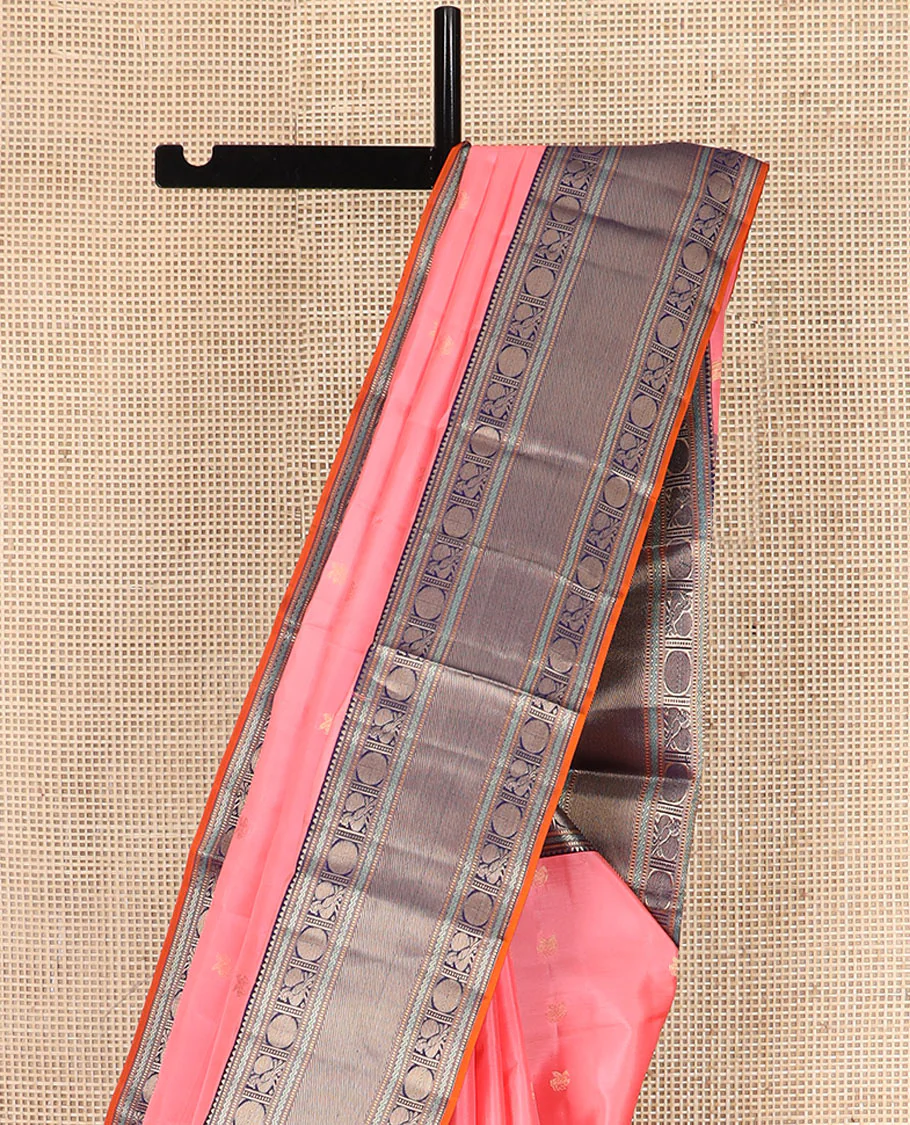 Pink Vasundhara Silk Saree Bedecked with Zari Buttas, Highlighted with a Contrast Border of Rekku, Muthu, Neli, and Mayil Poun Designs, Zari Gleamed Up Pallu of Ogee Patterns, and Paired with a Contrast Blouse - Image 3