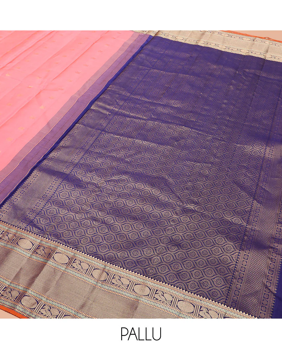 Pink Vasundhara Silk Saree Bedecked with Zari Buttas, Highlighted with a Contrast Border of Rekku, Muthu, Neli, and Mayil Poun Designs, Zari Gleamed Up Pallu of Ogee Patterns, and Paired with a Contrast Blouse - Image 5