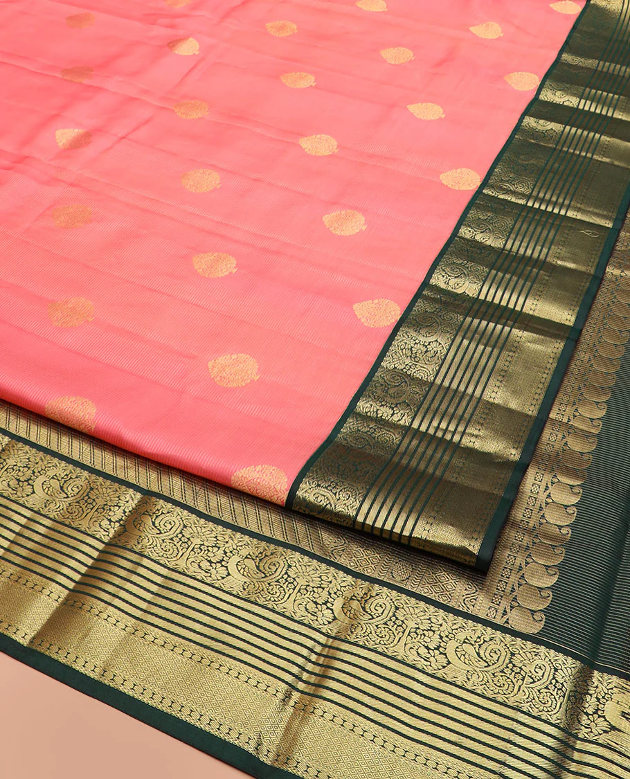 Pink Vasundhara Silk Saree Embellished with Zari Buttas and Stripes, Complemented by a Contrast Border of Rekku, Banaras, and Mayil Kann Designs, Pallu Gleamed Up with Intricate Designs, and Paired with a Contrast Blouse - Image 2