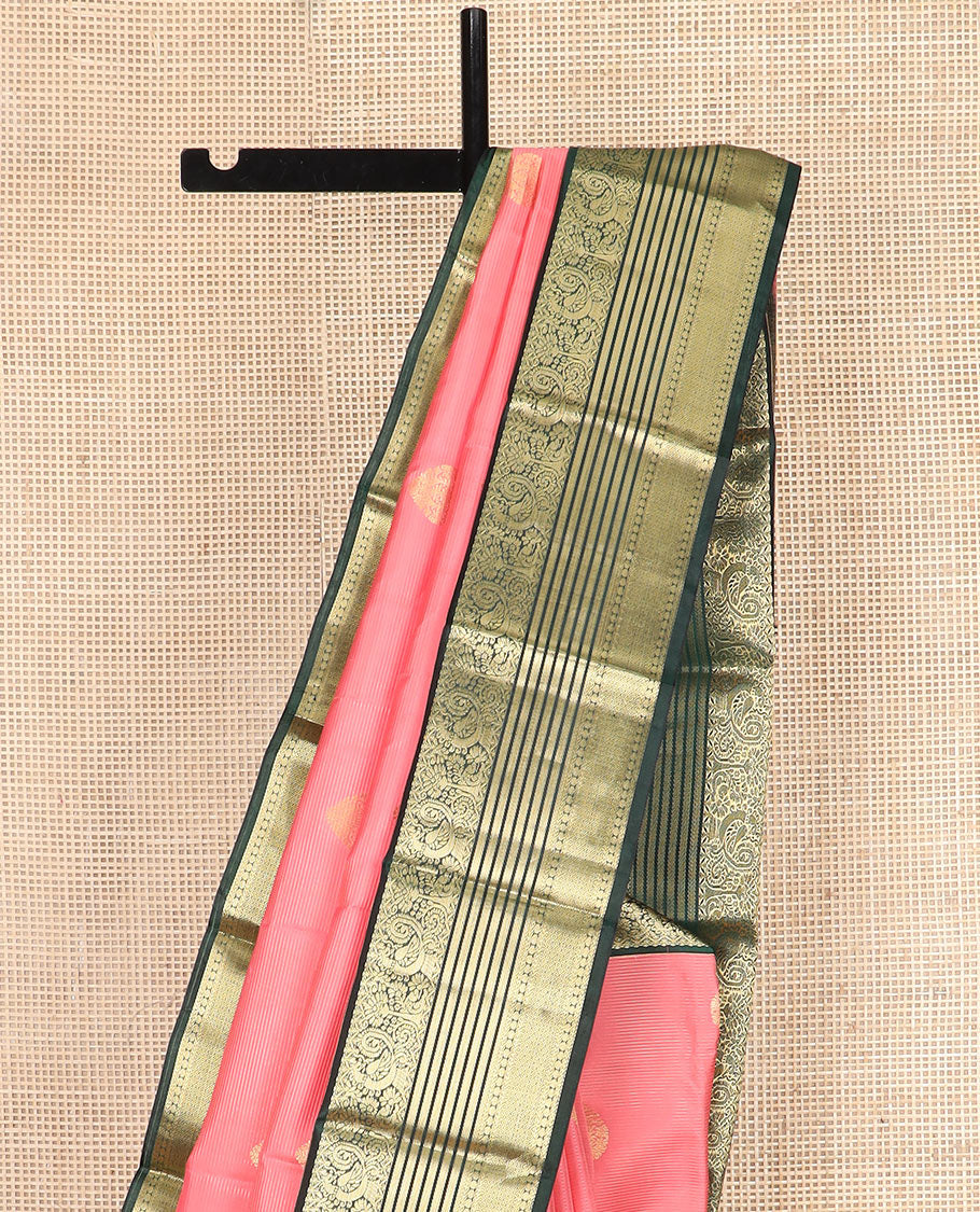 Pink Vasundhara Silk Saree Embellished with Zari Buttas and Stripes, Complemented by a Contrast Border of Rekku, Banaras, and Mayil Kann Designs, Pallu Gleamed Up with Intricate Designs, and Paired with a Contrast Blouse - Image 3