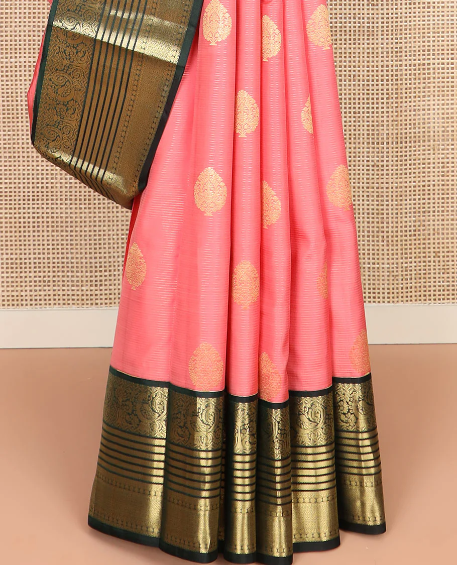 Pink Vasundhara Silk Saree Embellished with Zari Buttas and Stripes, Complemented by a Contrast Border of Rekku, Banaras, and Mayil Kann Designs, Pallu Gleamed Up with Intricate Designs, and Paired with a Contrast Blouse - Image 4
