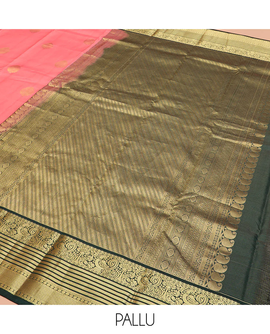 Pink Vasundhara Silk Saree Embellished with Zari Buttas and Stripes, Complemented by a Contrast Border of Rekku, Banaras, and Mayil Kann Designs, Pallu Gleamed Up with Intricate Designs, and Paired with a Contrast Blouse - Image 5