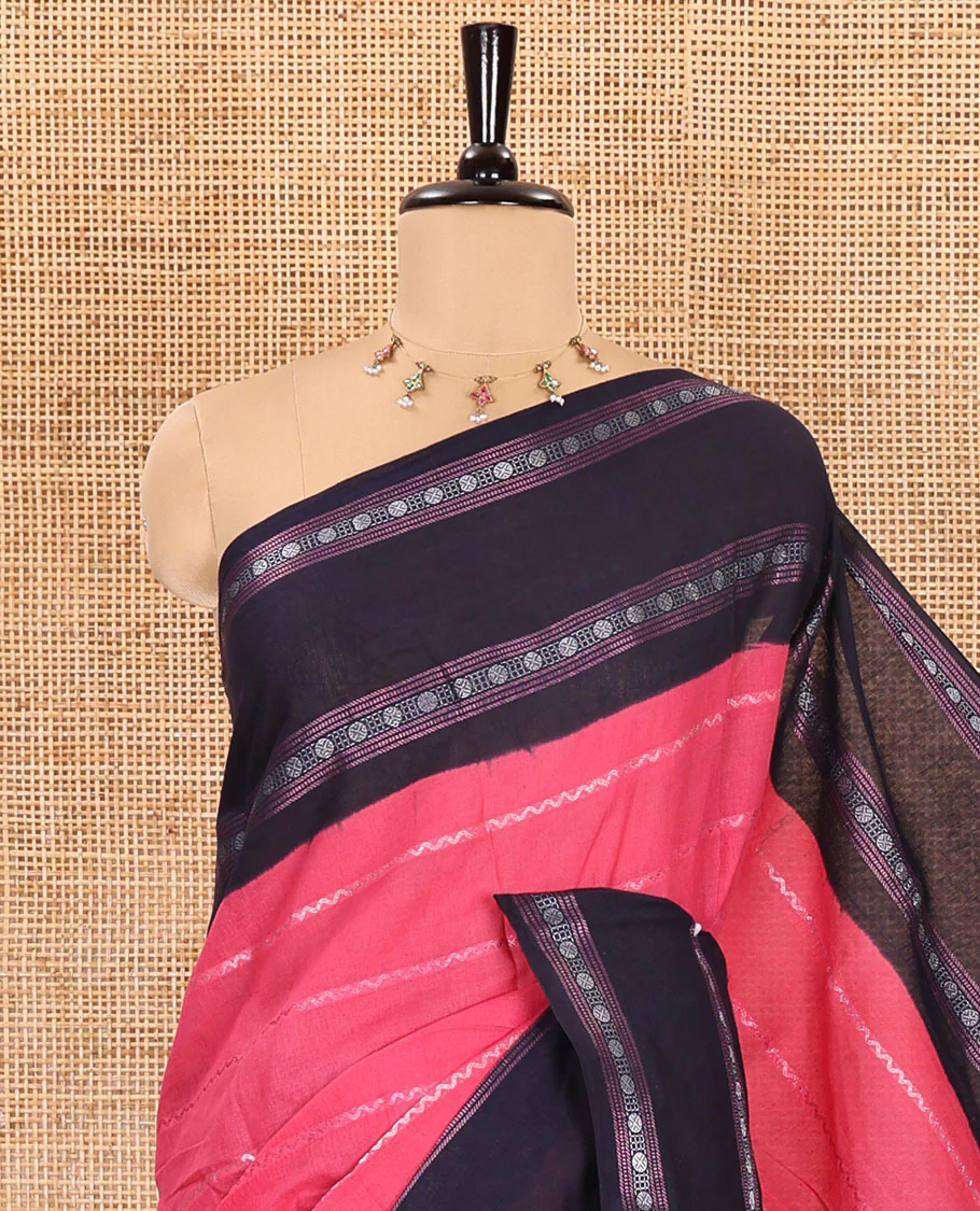 Pink veldhari striped sungudi cotton saree, contrast traditional design and rettai pettu border, veldhari striped pallu, and contrast zari design blouse - Image 2