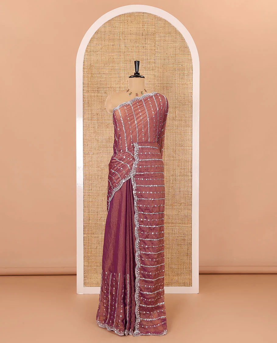 Pink vertical stripes embroidered shimmer chiffon saree, scallop embroidered border, embroidered pallu, and fancy embroidered matching blouse - Image 2