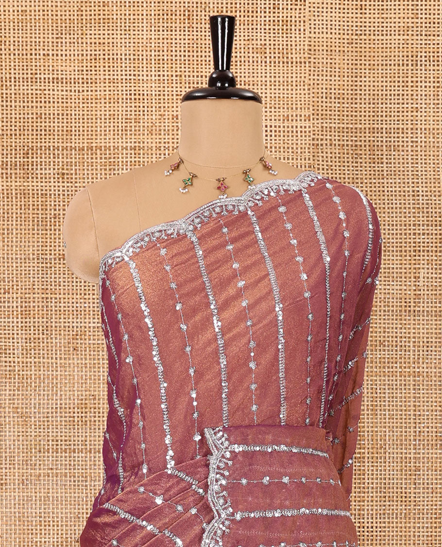 Pink vertical stripes embroidered shimmer chiffon saree, scallop embroidered border, embroidered pallu, and fancy embroidered matching blouse - Image 3