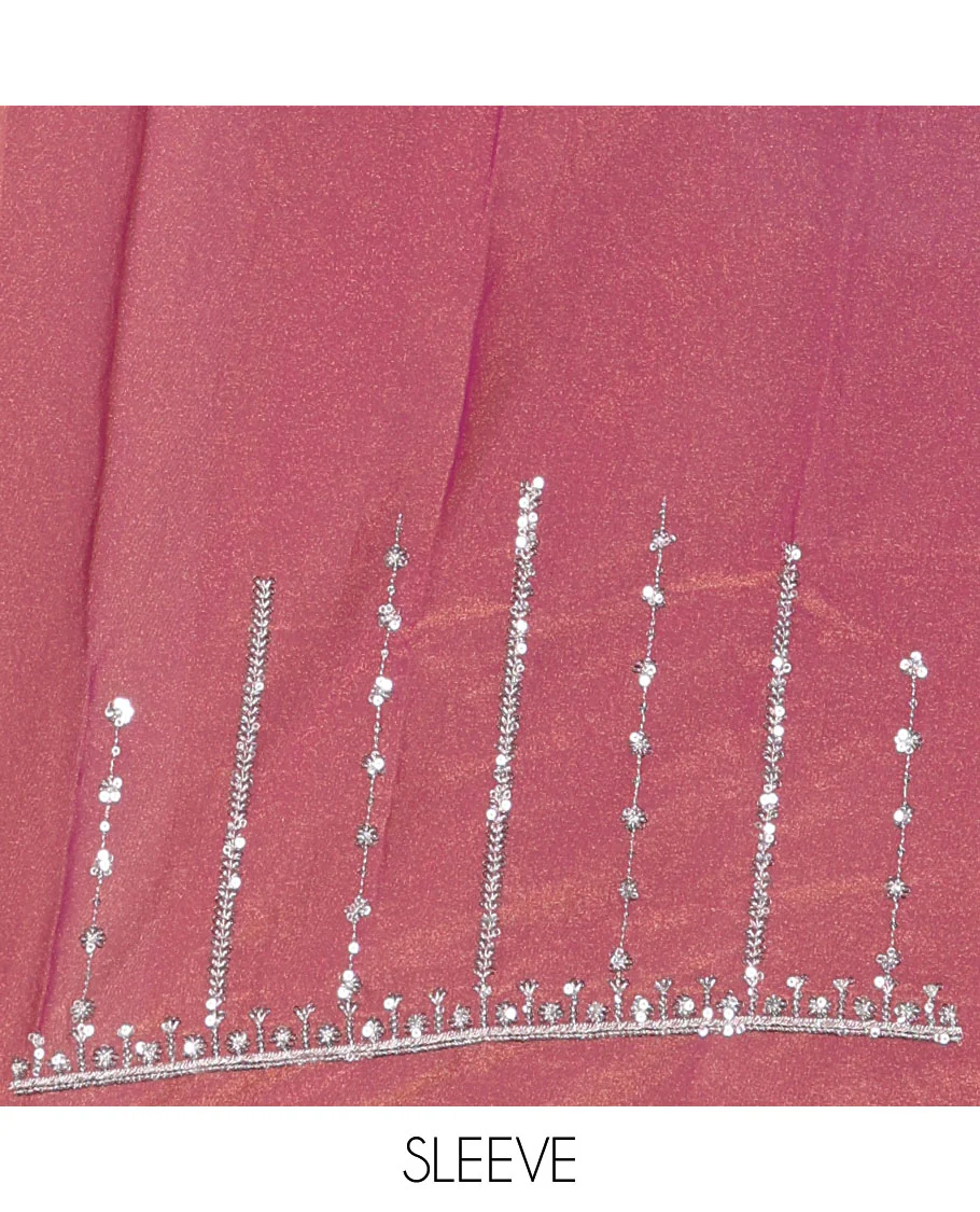 Pink vertical stripes embroidered shimmer chiffon saree, scallop embroidered border, embroidered pallu, and fancy embroidered matching blouse - Image 4
