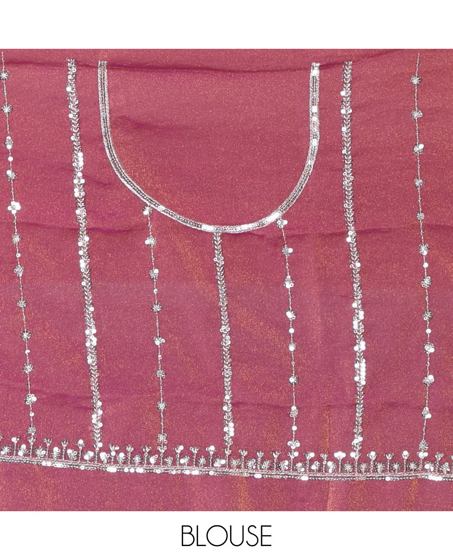 Pink vertical stripes embroidered shimmer chiffon saree, scallop embroidered border, embroidered pallu, and fancy embroidered matching blouse - Image 5